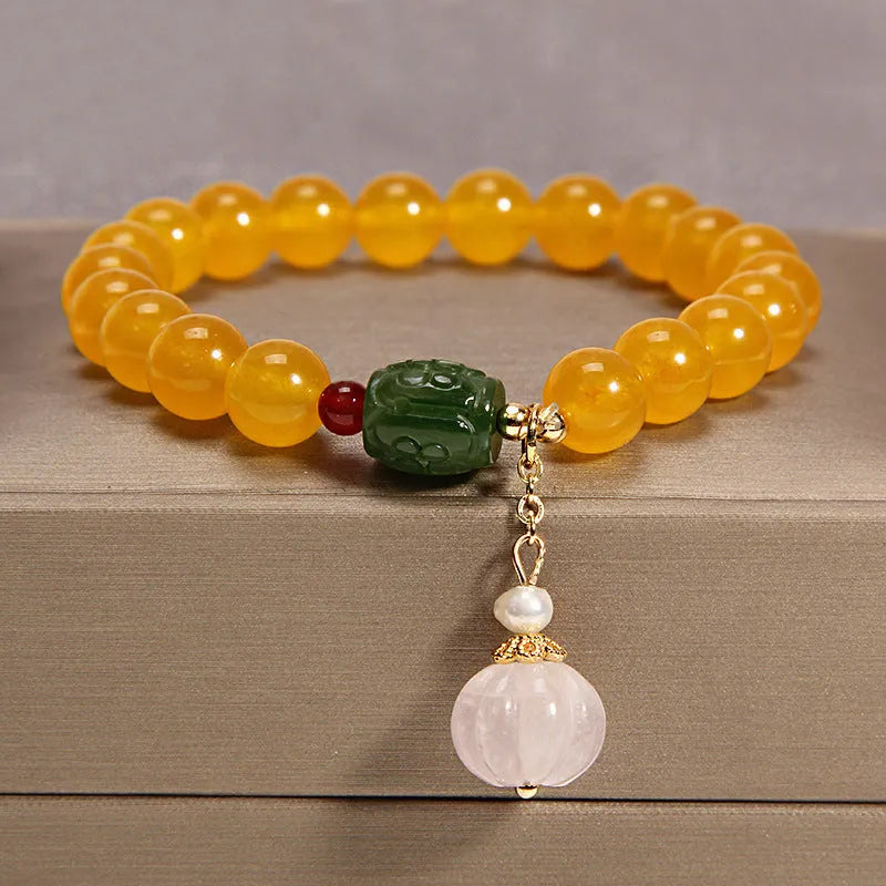 Yellow agate crystal beads on gold silk adjustable bracelet for women