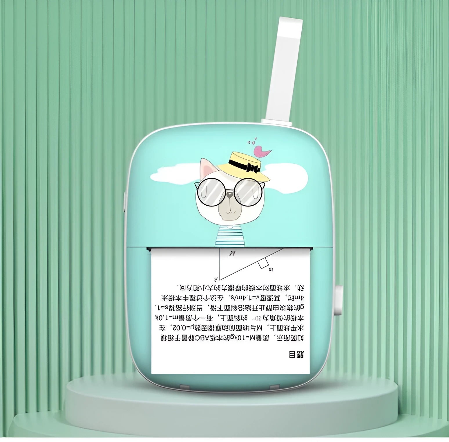 Blue Bluetooth portable thermal printer with paper roll inserted, compact design for students