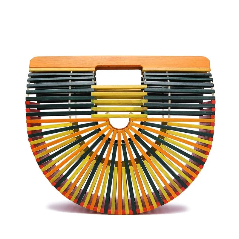 Polished bamboo clamshell backpack bag in natural finish with crossbody strap – holiday beach bag