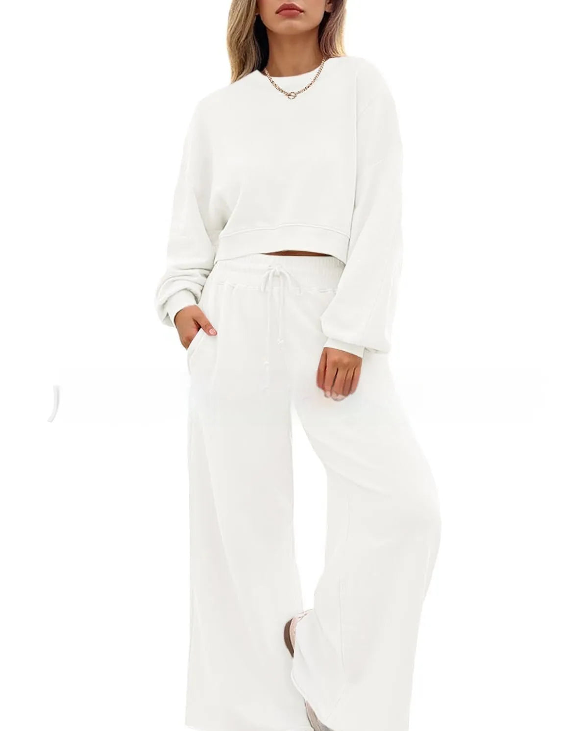 Women's solid colour polyester trousers two-piece set with long sleeves