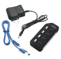 Compact USB 3.0 7-port hub with overload protection, available in EU or US models