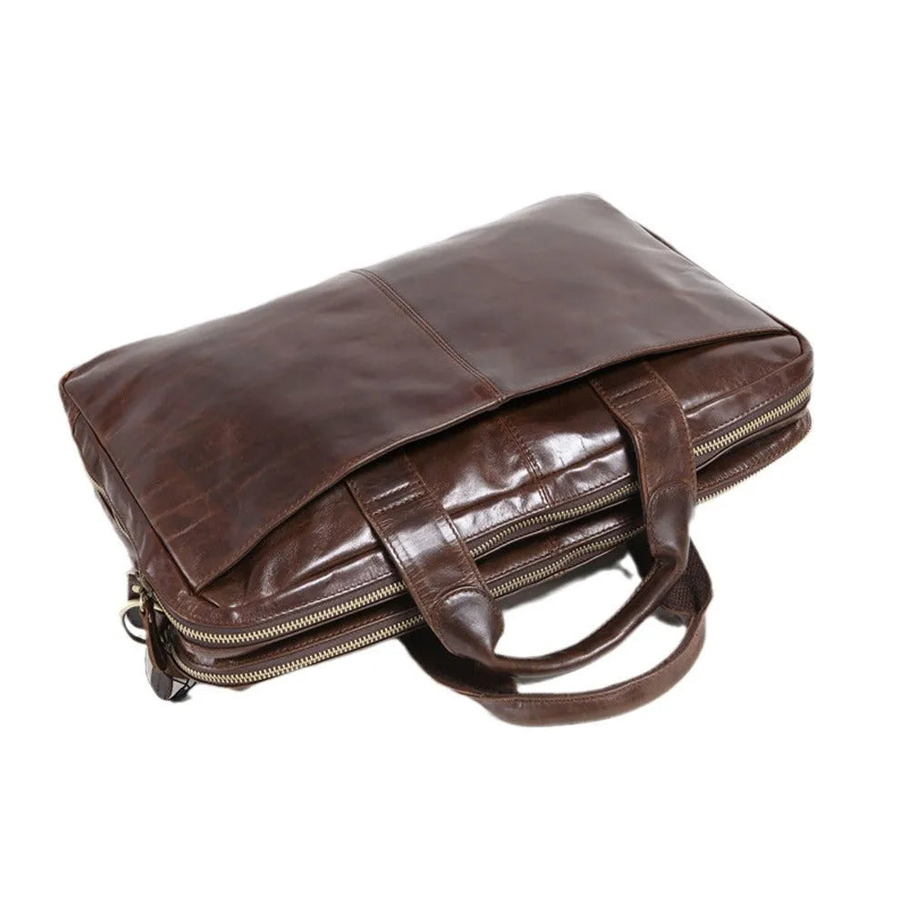 Brown men's business briefcase made from first layer cowhide leather, 18-inch size.
