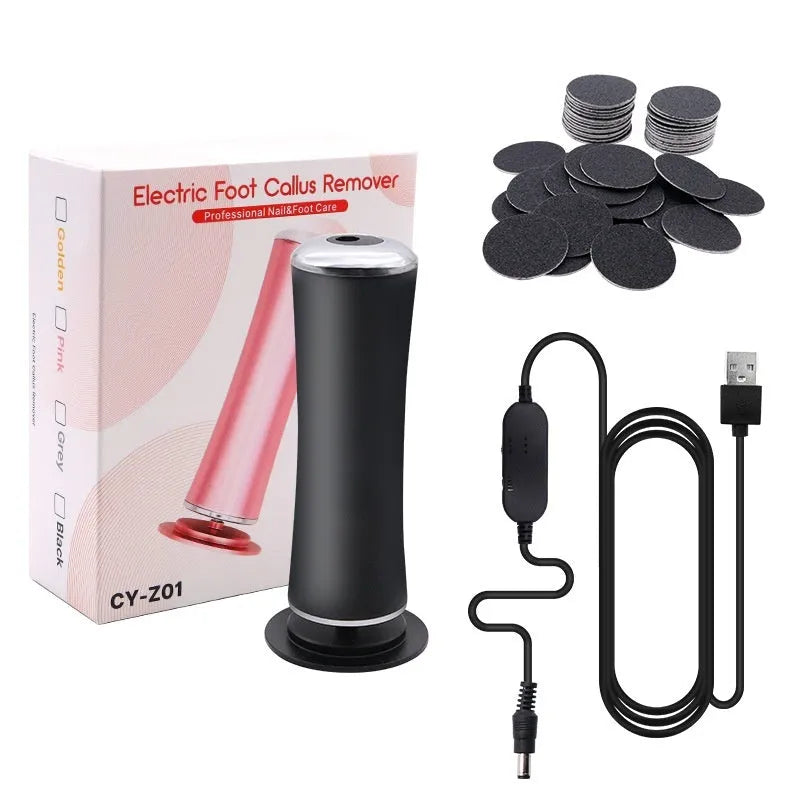 Electric foot callus remover with sandpaper disc attached for removing dead skin and calluses from heels