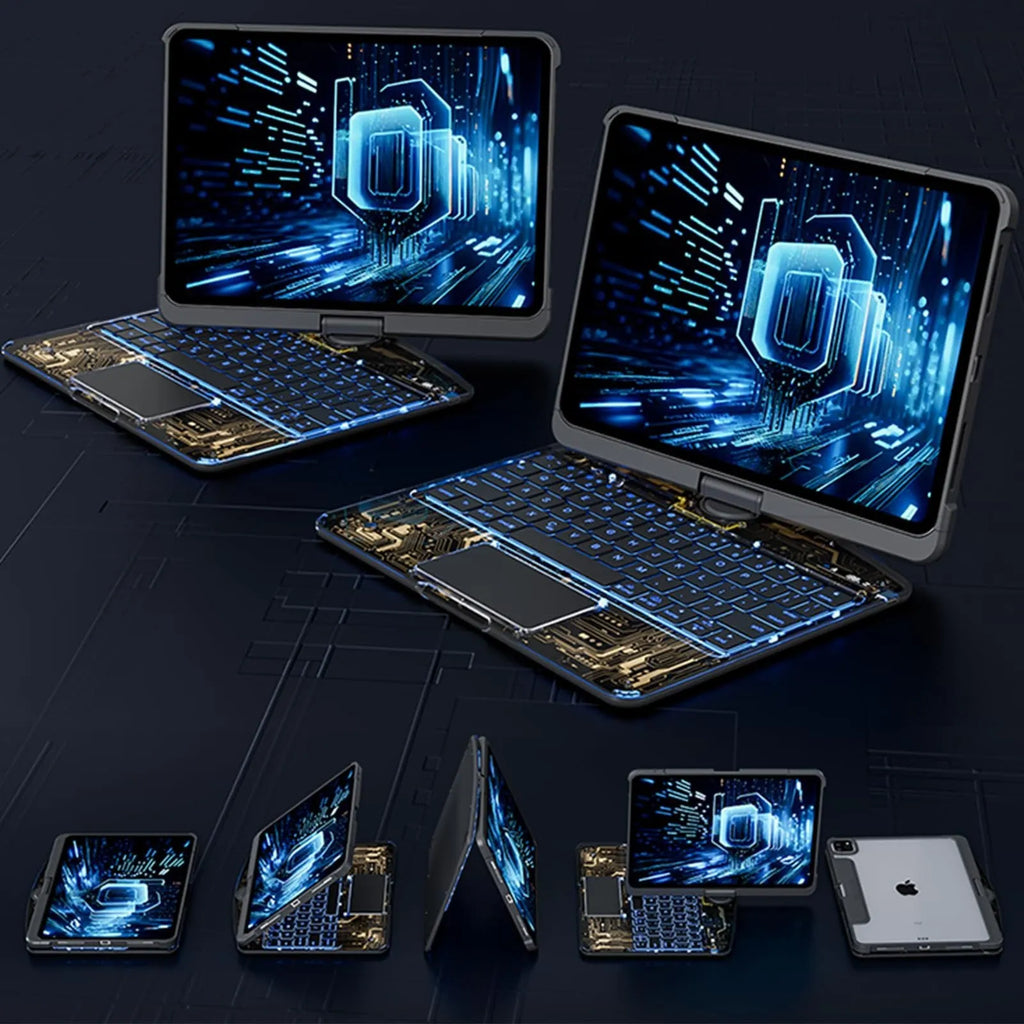 360 swivel keyboard clear case for iPad with transparent backplate and telescopic pen slot