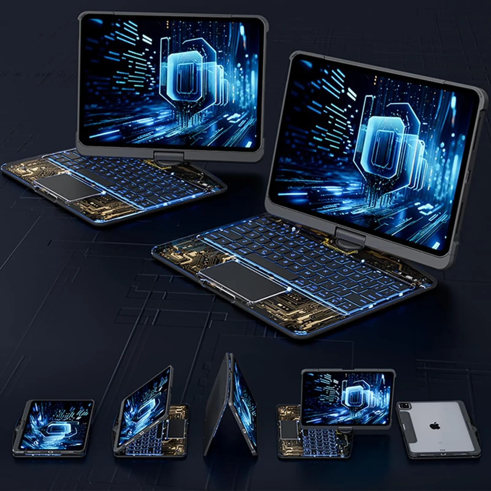 360 swivel keyboard clear case for iPad with transparent backplate and telescopic pen slot