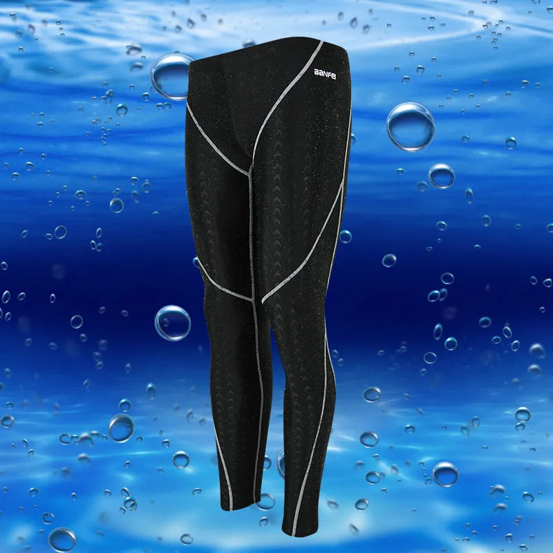 Men's nylon swimming trunks in cropped brief style with colour accent lines
