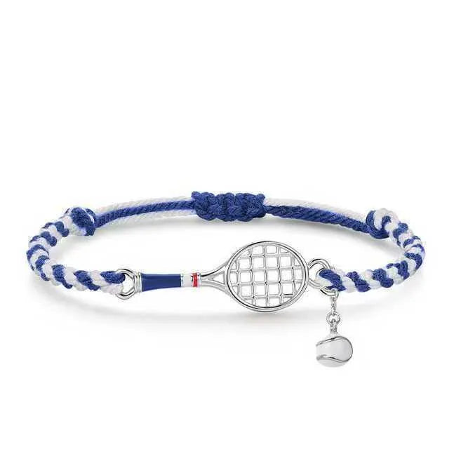 Retro blue and white rope woven tennis racket wristband bracelet with copper base and geometric dream catcher design
