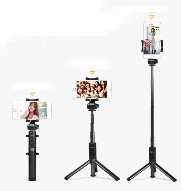Aluminium alloy Bluetooth selfie stick with remote control and adjustable phone clip in black, pink, or white.