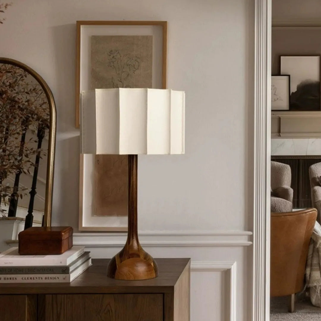 Japanese-style solid wood table lamp with three-colour light, 32x50cm size, on wooden side table in living room