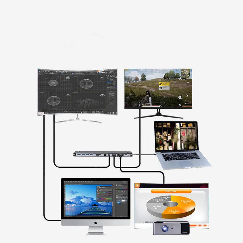 Grey aluminium alloy 12-in-1 Type-C hub with HDMI, VGA, USB 3.0, Ethernet, and PD ports on a desk