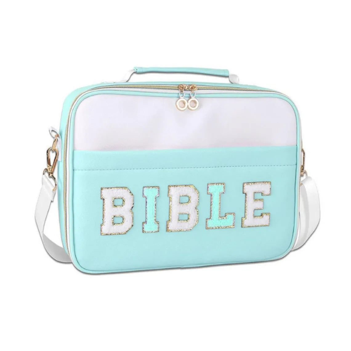 PU letter-pattern book handbag in light blue, 30.5x23 cm, with zippered top, on a white background