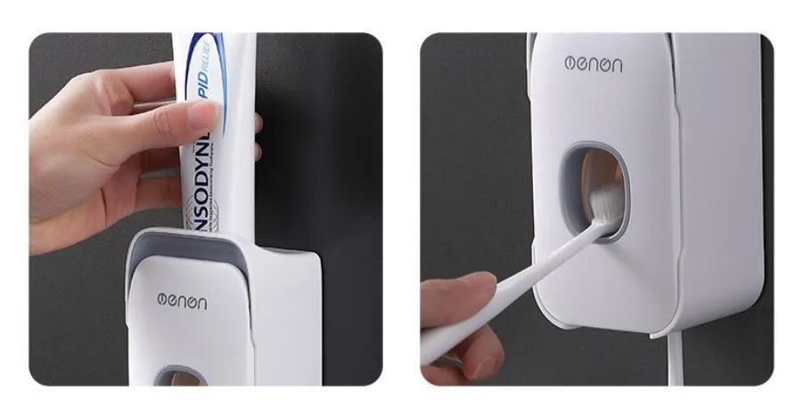 Automatic toothpaste dispenser in blue colour made from ABS plastic with a wall-mount design.