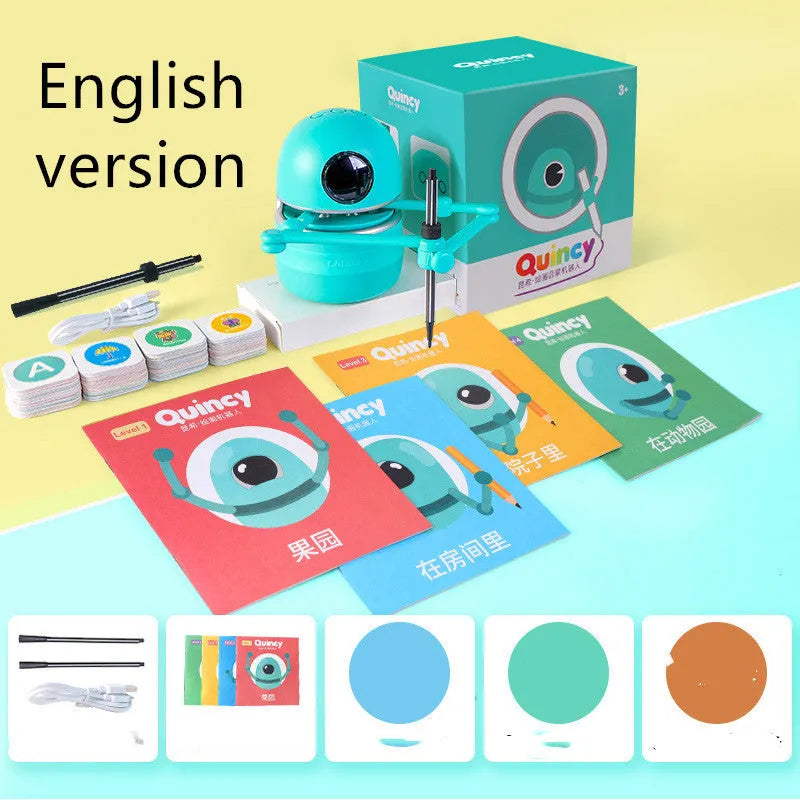 Painting robot for children with suction cup base and drawing cards on table