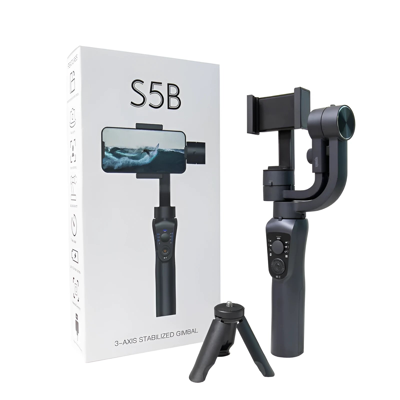 Black three-axis handheld mobile phone gimbal stabilizer with compact design