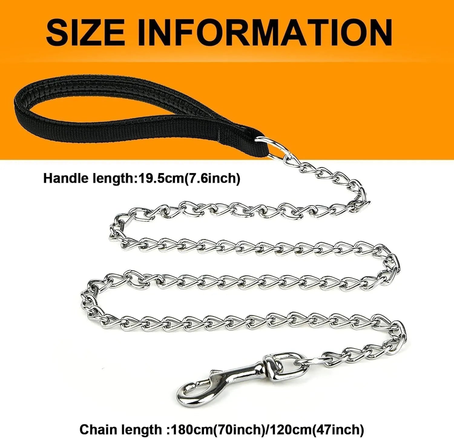 Heavy duty metal dog leash chain with soft black padded handle, shown with red collar attachment.
