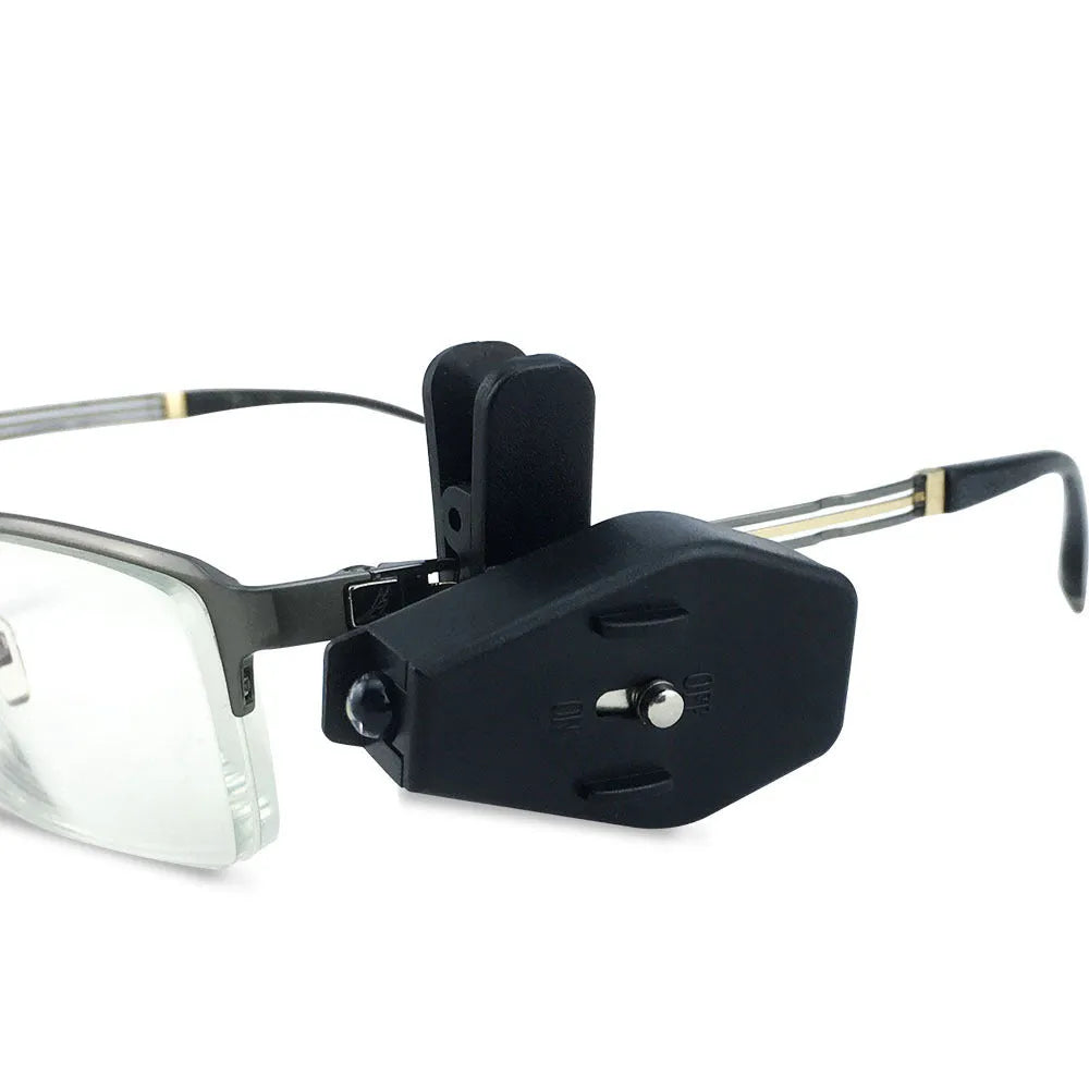 Mini LED flashlight glasses light with black clip and 360-degree rotating head attached to glasses
