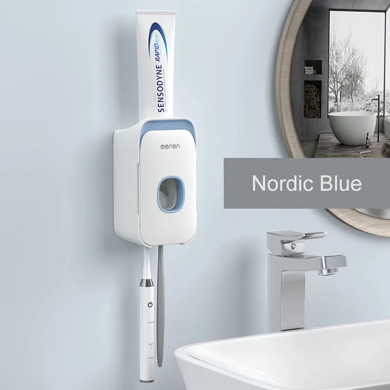 Automatic toothpaste dispenser in blue colour made from ABS plastic with a wall-mount design.