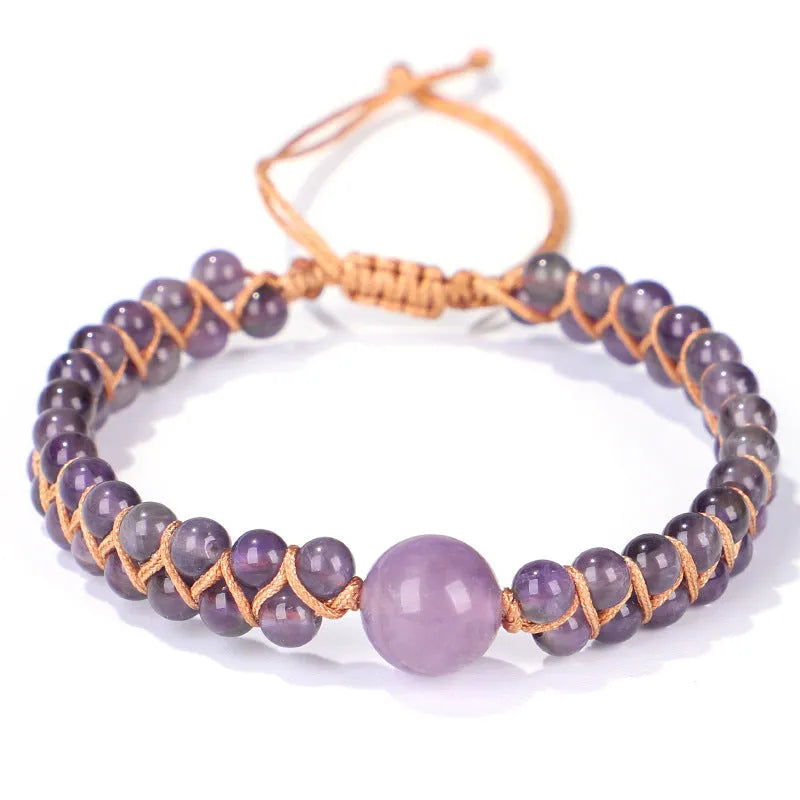 Handwoven geometric bracelet with genuine tigereye or amethyst stones and adjustable closure
