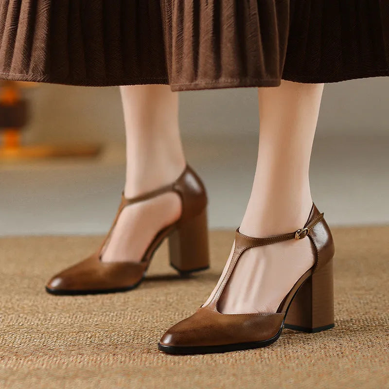 Women's retro pointed toe Mary Jane shoes with hollow baotou design and buckle closure in dark brown and pink colours