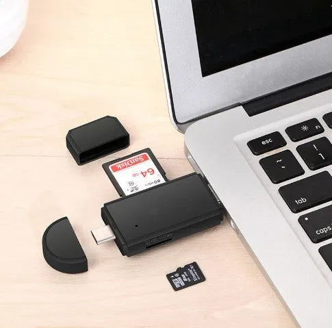 Smart Three-In-One Card Reader with micro USB and USB 2.0 connectors for Android devices, Black, ABS casing