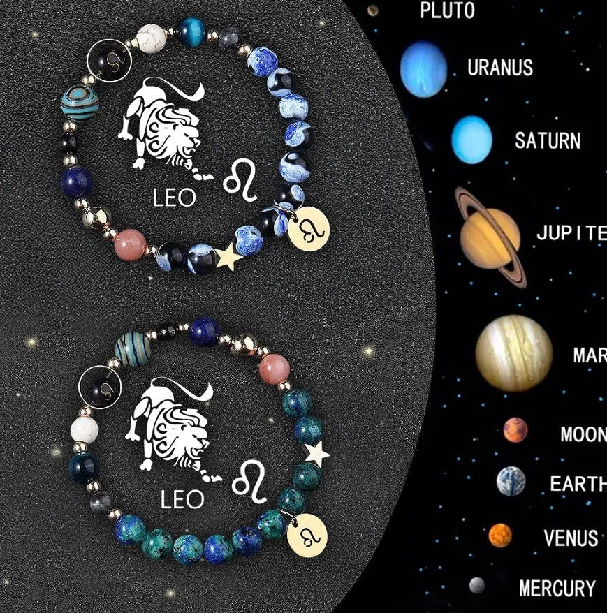 Set of two natural stone beaded bracelets with zodiac sign charms on an adjustable cord.