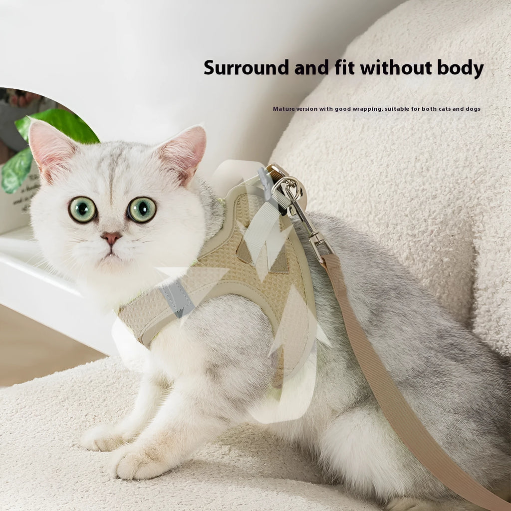 Brown waffle cloth cat harness with integrated pulling rope and chest strap laid flat.