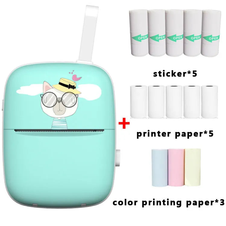 Blue Bluetooth portable thermal printer with paper roll inserted, compact design for students