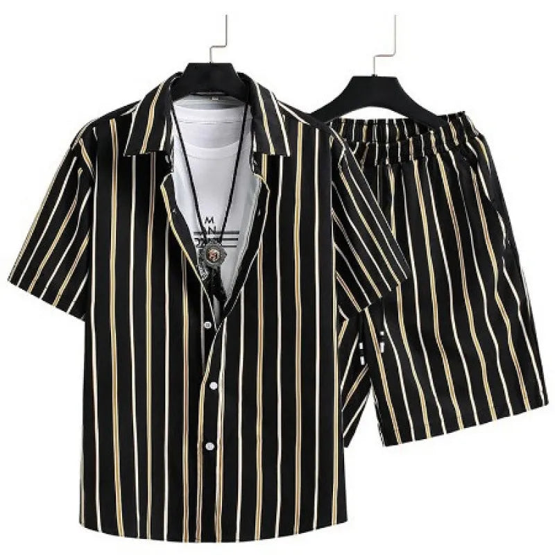 Men's digital printed cardigan and shorts casual suit set in elastic fabric