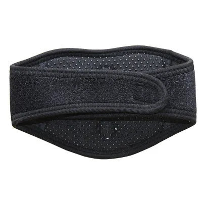 Black self-heating magnetic neck guard with adjustable shoulder strap on a grey background.