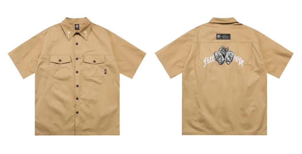 Men's cotton blend pocket work shirt in black or khaki with half sleeves and loose fit