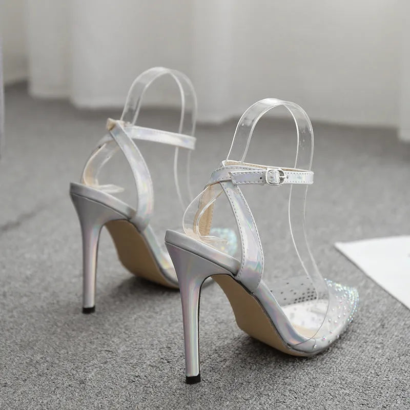 Women's pointed diamond sandals with stiletto heels and PVC upper material