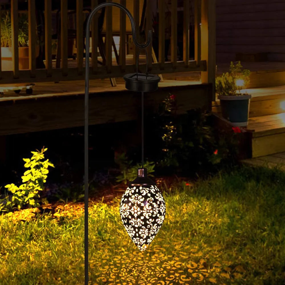 Outdoor waterproof solar hollow lamp made of iron with polysilicon solar panel, 10x10x60cm, warm white light