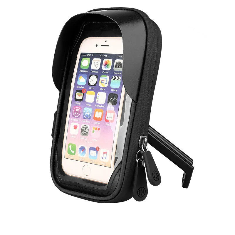 Black TPU mobile phone stand mounted on a bicycle handlebar, showing phone in use.