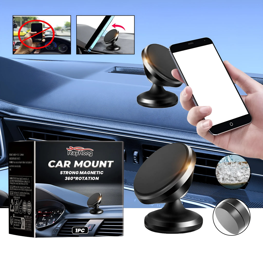 Black magnetic car foldable phone holder with compact 3.2x3.5 cm size, ABS material, for dashboard windscreen desk use