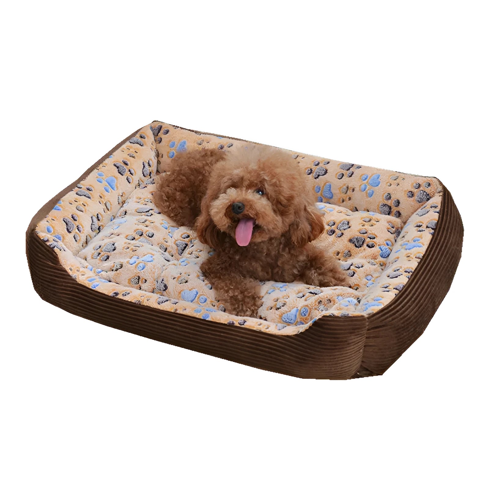 Beige soft plush dog bed sofa with raised sides and a removable zip-off cover.