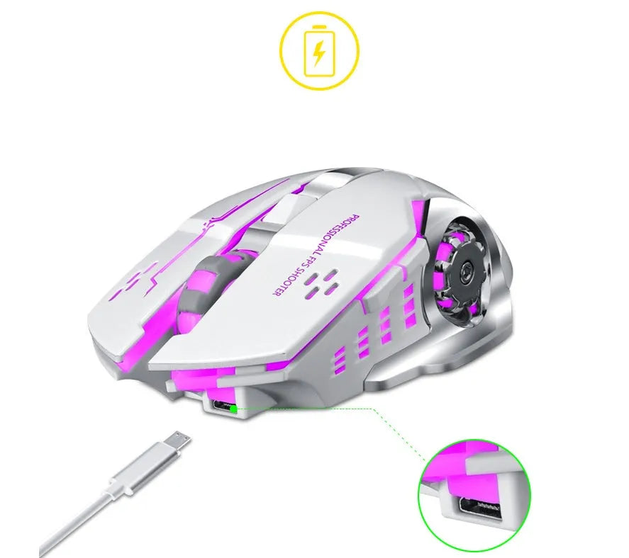 Black and white wireless mouse with USB-C port, six buttons, and silent click design.
