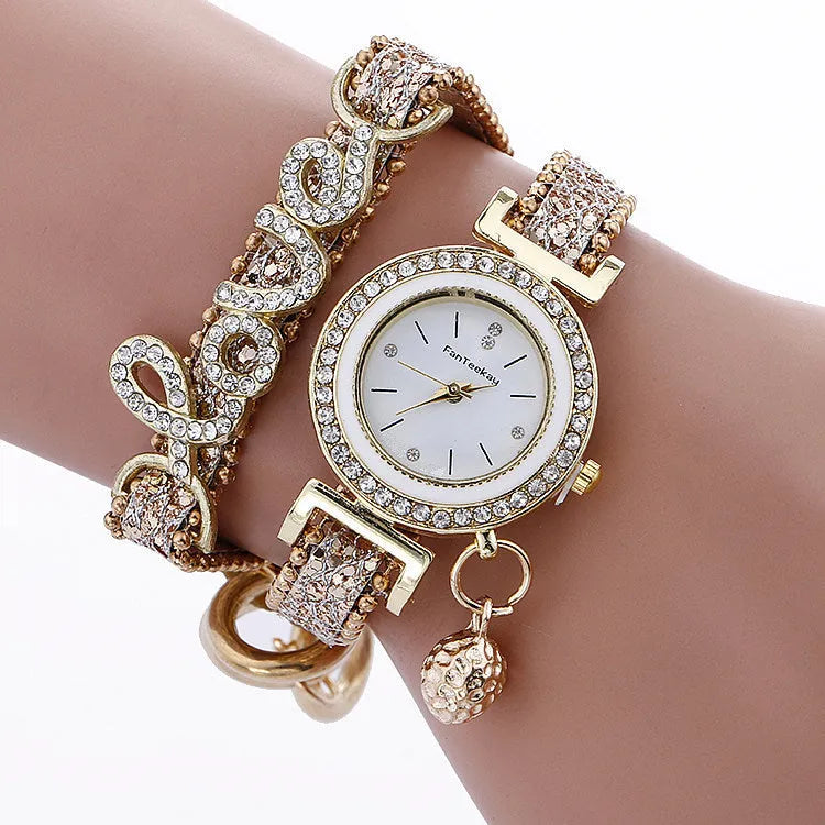 Sequin bracelet watch with round dial, alloy case, faux leather strap, available in multiple colours
