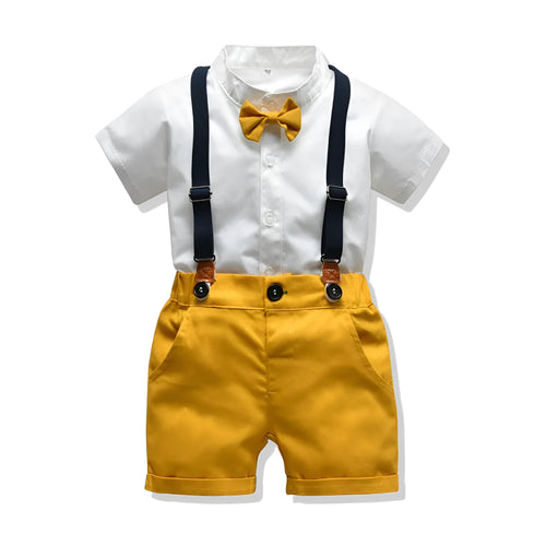 Boy wearing a cotton trouser suit in blue with matching jacket and trousers, front view