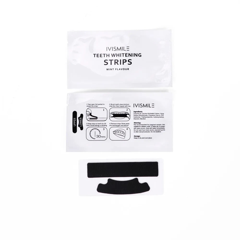 Box of 14 pairs of teeth whitening strips with coconut activated carbon and sodium bicarbonate, in aluminium film bags