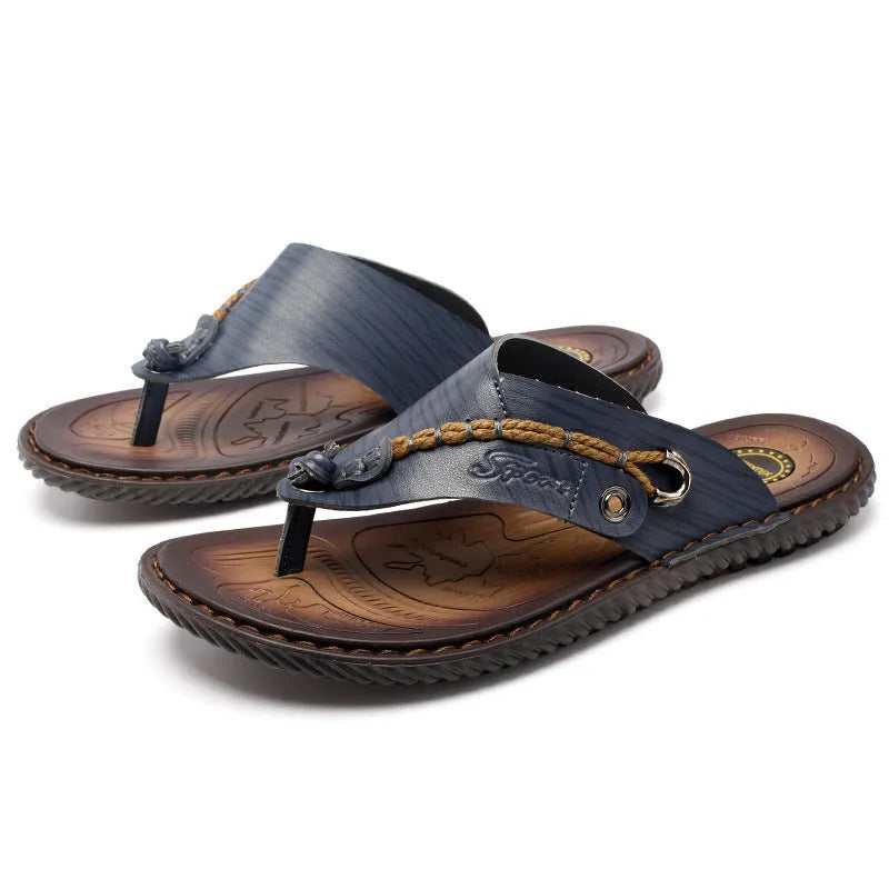 Men's dark blue herringbone-patterned outdoor slippers with artificial PU upper and rubber sole