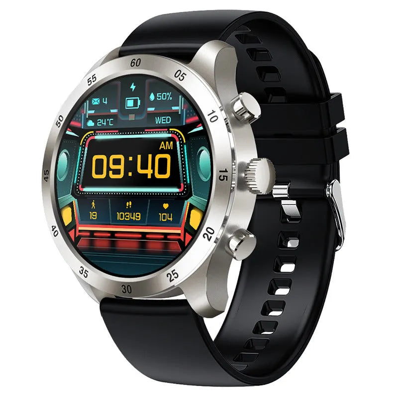 Black smart watch with steel bracelet showing heart rate monitoring and call display on screen.