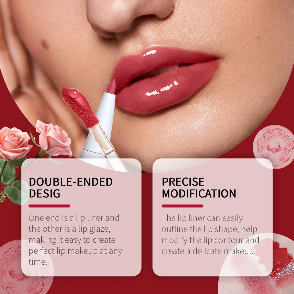 Double-headed lip liner and lip lacquer pen in a choice of three colours.