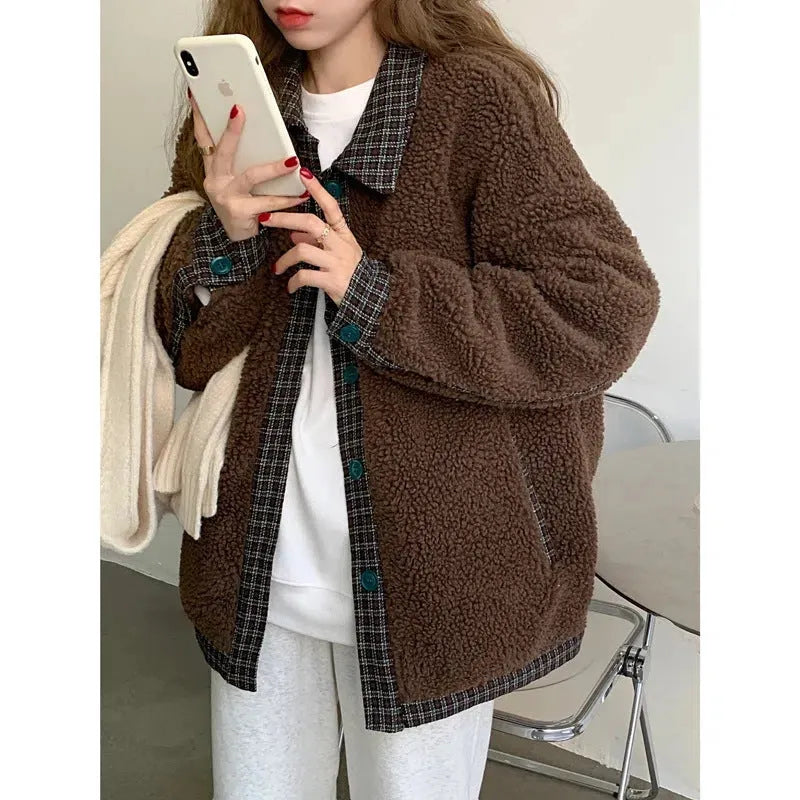 Korean style loose double layer thickened cotton padded coat top in beige front view
