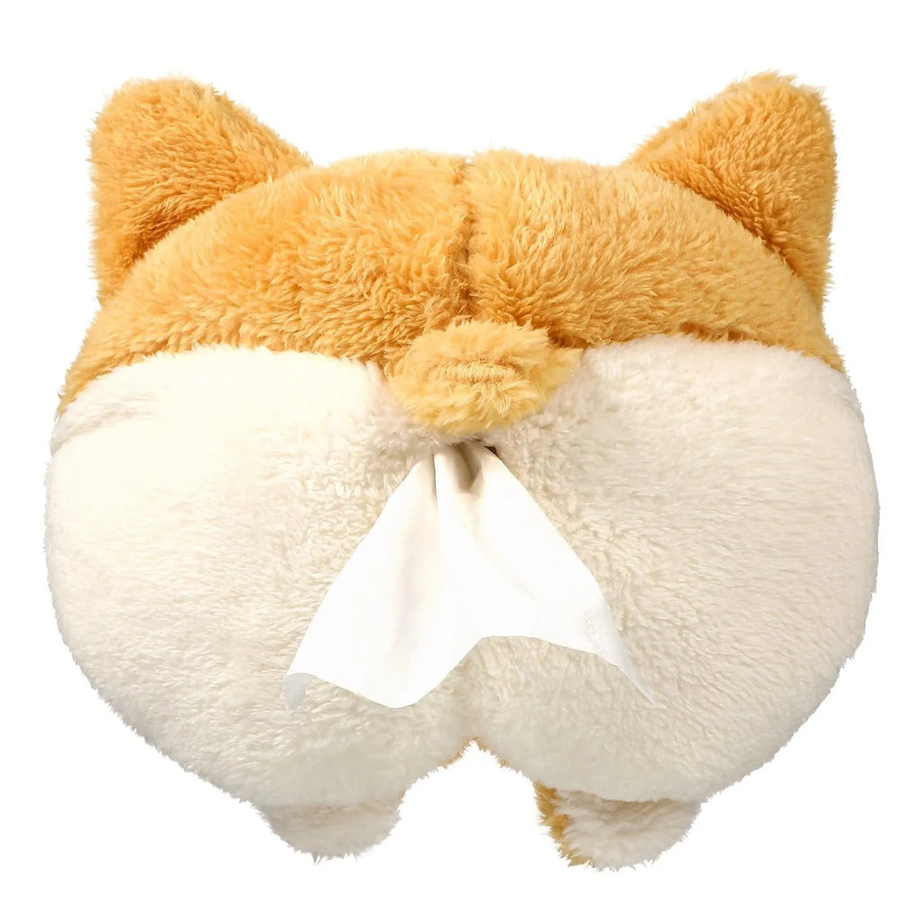 Yellow corgi butt-shaped car tissue box holder mounted on sun visor with elastic backing
