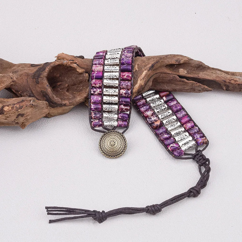 Purple vintage Bohemian braided agate bracelet with cross motif, 13mm beads, hand-woven wax rope, on neutral background