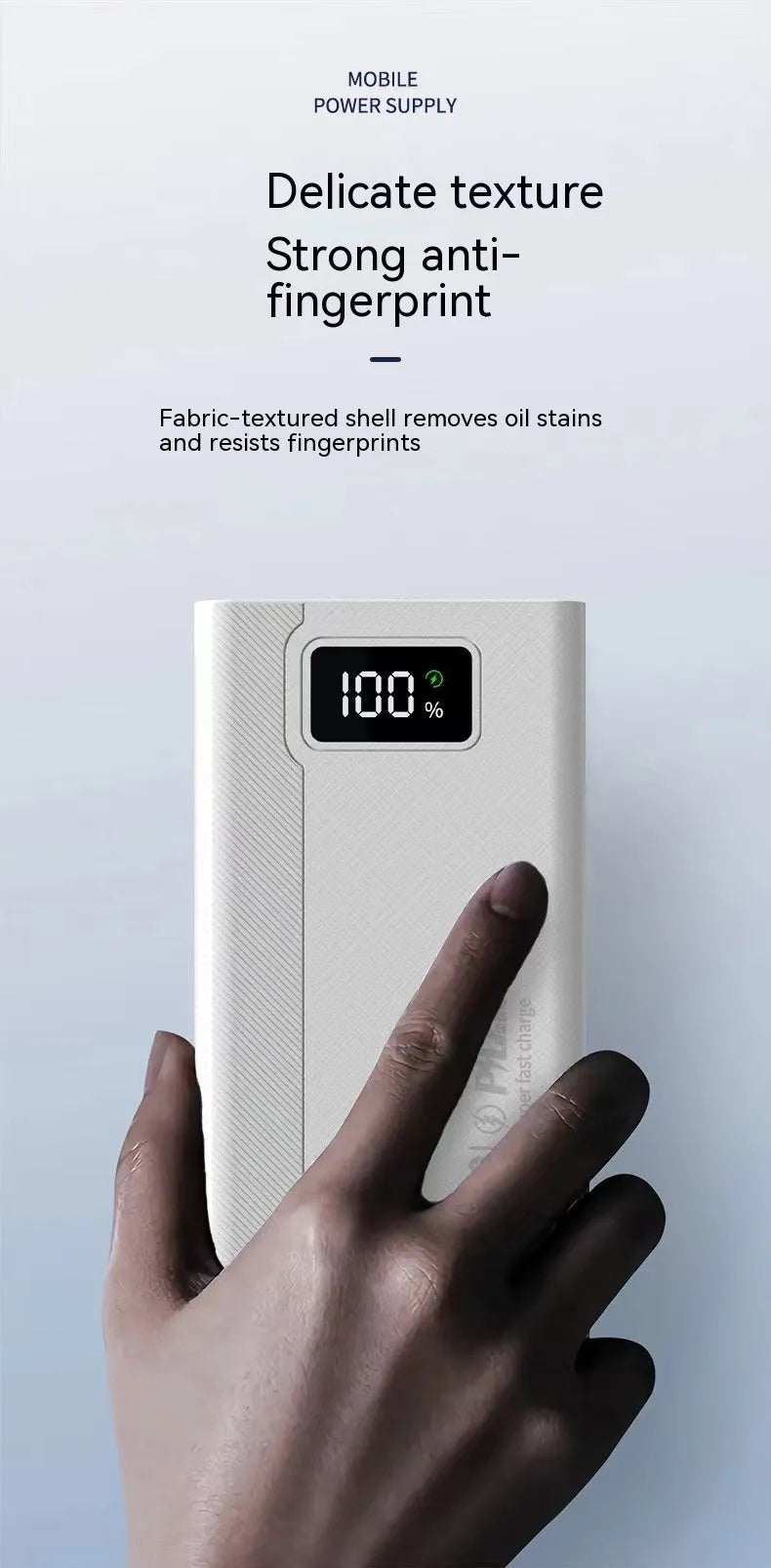 Black and white plastic power bank showing dimensions of 150 by 76 millimetres