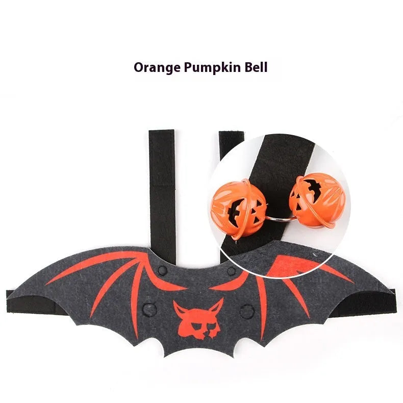 Black felt batwing Halloween costume for a cat, shown in pumpkin bat design