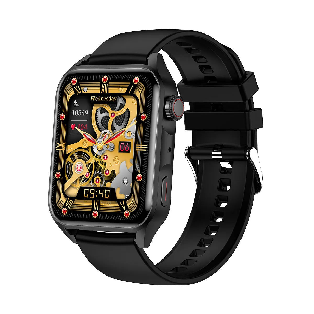 Pink smartwatch with AMOLED screen showing multiple watch dials and a silicone strap on a wrist