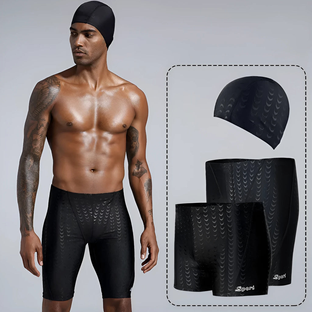 Men's solid colour waterproof shark skin fabric swimming trunks in pool setting