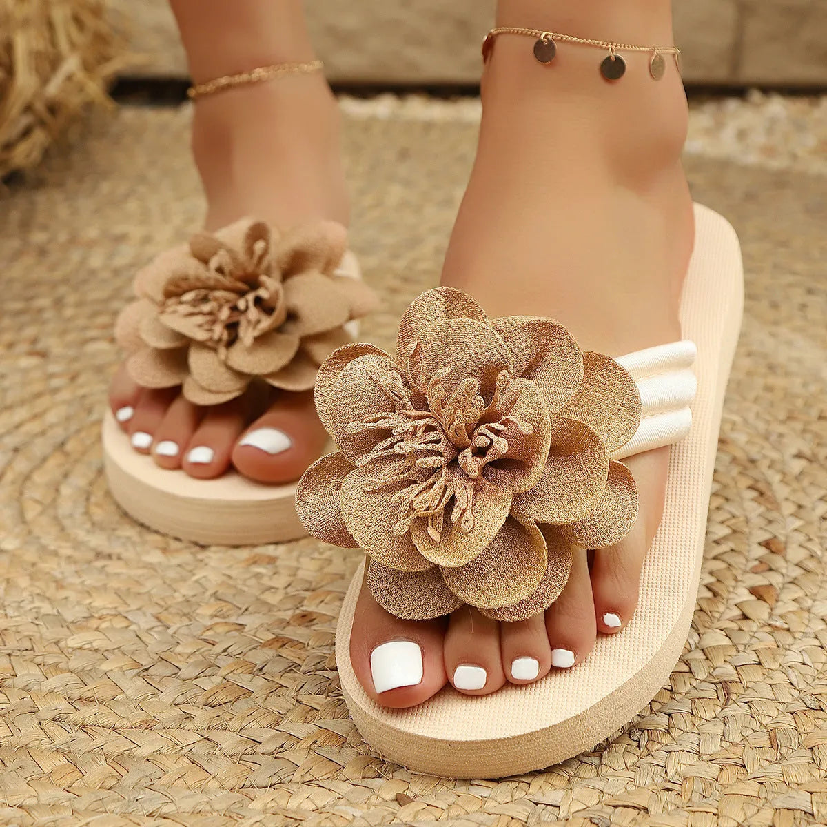 Women's solid colour PU upper flower flat toe flip-flop sandal in beige white, side view
